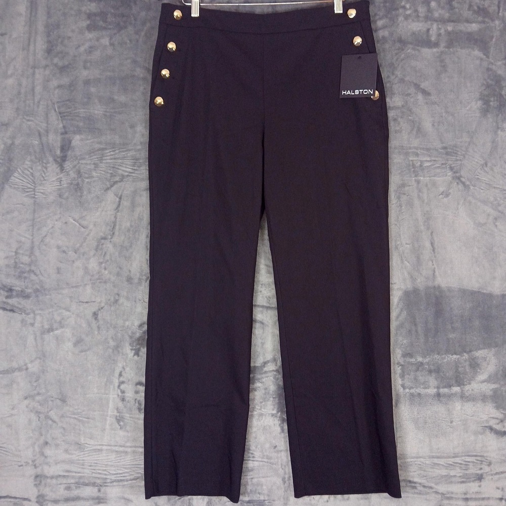 Halston Pants Womens 12 Black High Rise Straight Leg Gold Button Stretch NWT